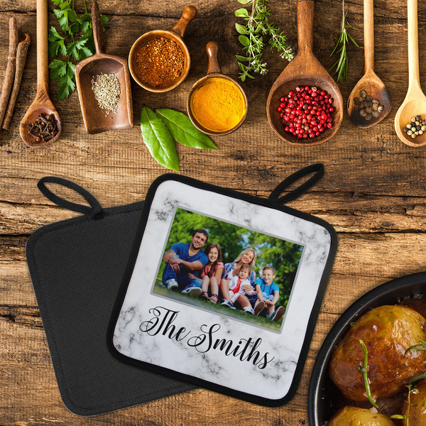 Family Photo and Name Neoprene Pot Holder - Set of 2  LIFESTYLE (Flatlay)