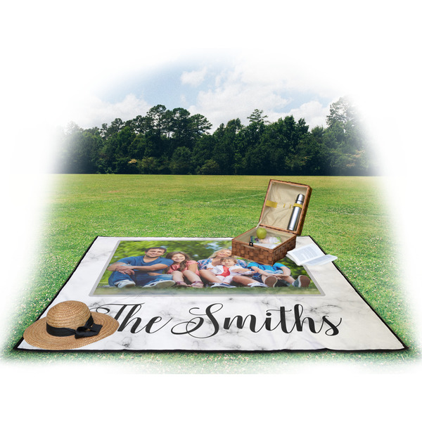Family Photo and Name Picnic Blanket - with Basket Hat and Book - in Use