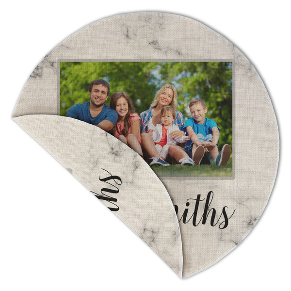Family Photo and Name Round Linen Placemats - Front (folded corner double sided)