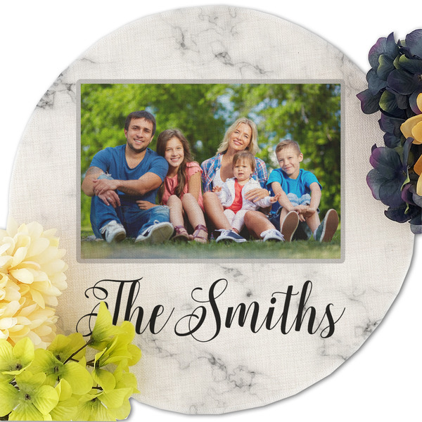 Family Photo and Name Round Linen Placemats - Front (w flowers)