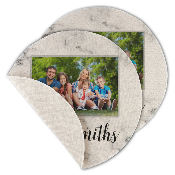 Custom Family Photo and Name Round Linen Placemat - Single-Sided - Set of 4