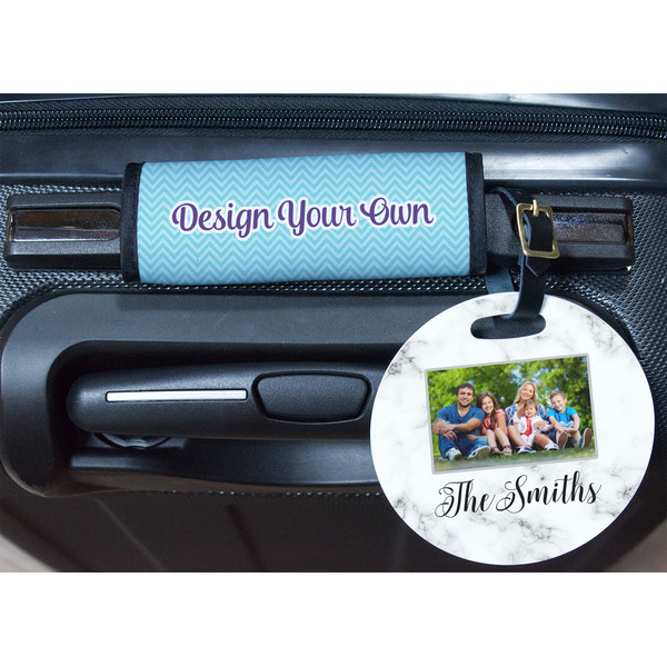 Family Photo and Name Round Luggage Tag & Handle Wrap - In Context