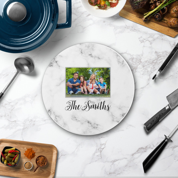 Family Photo and Name Round Stone Trivet - In Context View