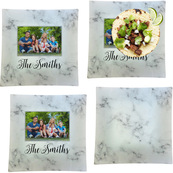 Custom Family Photo and Name Glass Square Lunch / Dinner Plate 9.5" - Set of 4
