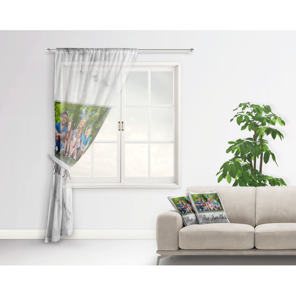 Family Photo and Name Sheer Curtain With Window and Rod - in Room Matching Pillow