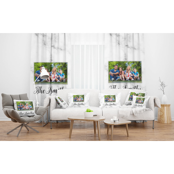 Family Photo and Name Sheer and Custom Curtains in Room with Matching Pillows