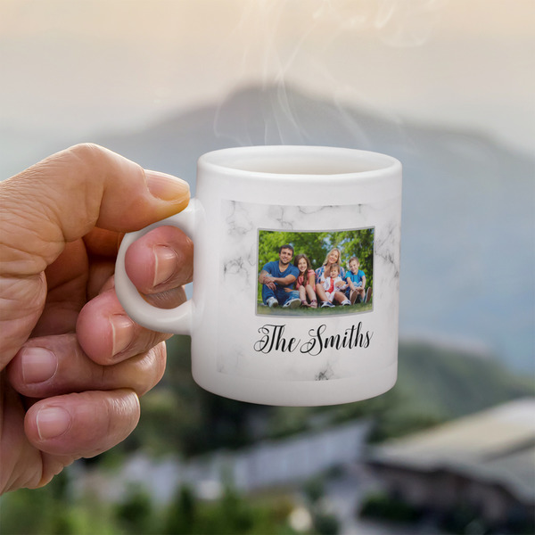 Family Photo and Name Single Shot Espresso Cup - Lifestyle in Hand