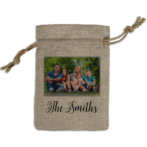 Custom Family Photo and Name Burlap Gift Bag - Small - Single-Sided