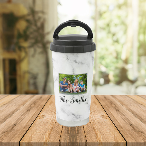 Family Photo and Name Stainless Steel Travel Cup - Lifestyle