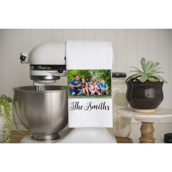 Family Photo and Name Waffle Weave Towel - Lifestyle - Partial Print