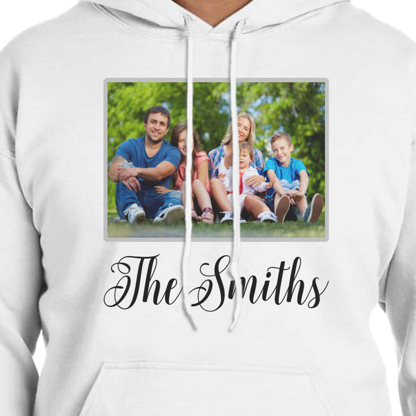 Family Photo and Name White Hoodie on Model - CloseUp