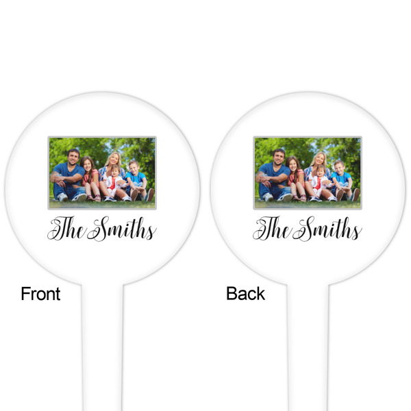Family Photo and Name White Plastic 4" Food Pick - Round - Double Sided - Front & Back