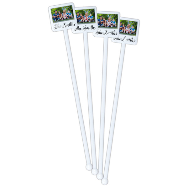 Family Photo and Name White Plastic Stir Stick - Double Sided - Square - Fan