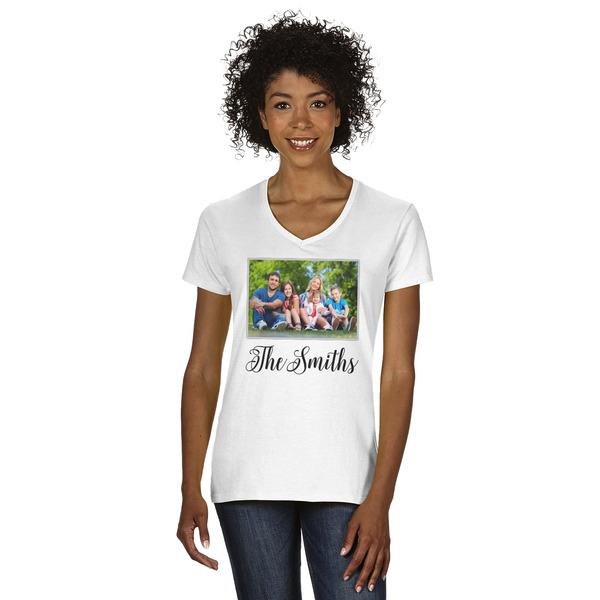 Custom Family Photo and Name Women's V-Neck T-Shirt - White - Medium
