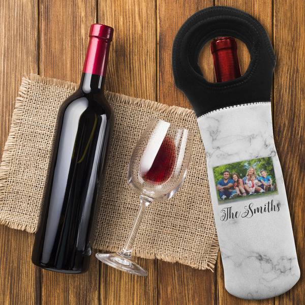 Family Photo and Name Wine Tote Bag - On Table