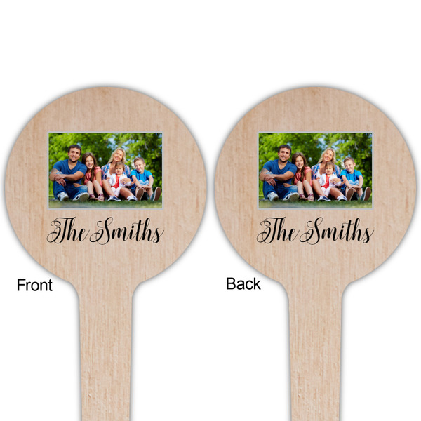 Family Photo and Name Wooden 4" Food Pick - Round - Double Sided - Front & Back