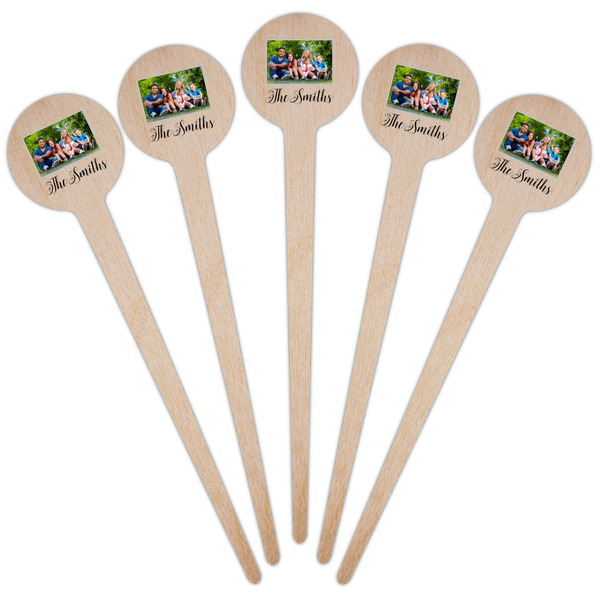 Family Photo and Name Wooden 4" Food Pick - Round - Fan View