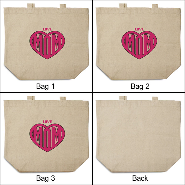 Love You Mom 3 Reusable Cotton Grocery Bags - Front & Back View