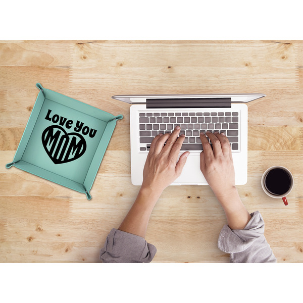 Love You Mom 9" x 9" Teal Leatherette Snap Up Tray - LIFESTYLE
