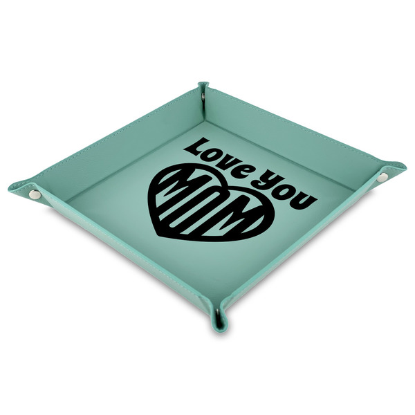Custom Love You Mom Faux Leather Dice Tray - 9" x 9"  - Teal