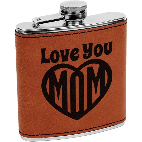 Custom Love You Mom Leatherette Wrapped Stainless Steel Flask