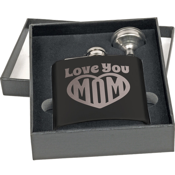 Love You Mom Engraved Black Flask Gift Set