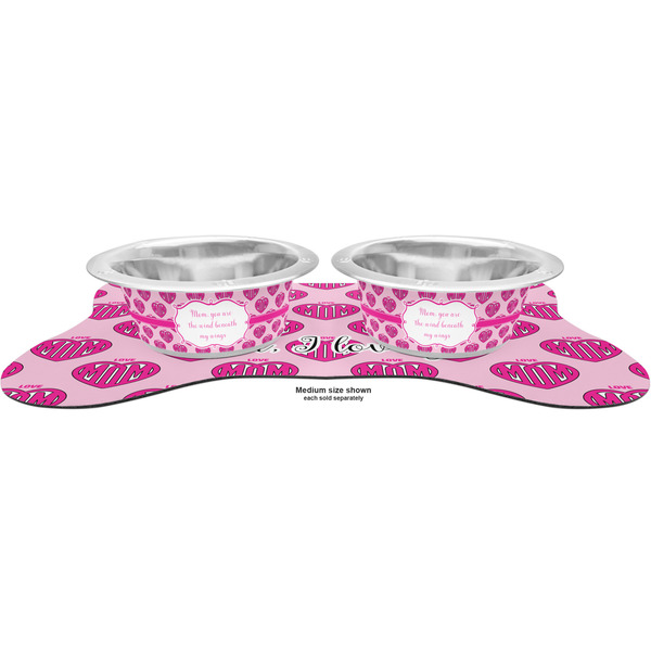 Love You Mom Metal Pet Bowls - On Dog Bone Shaped Mat