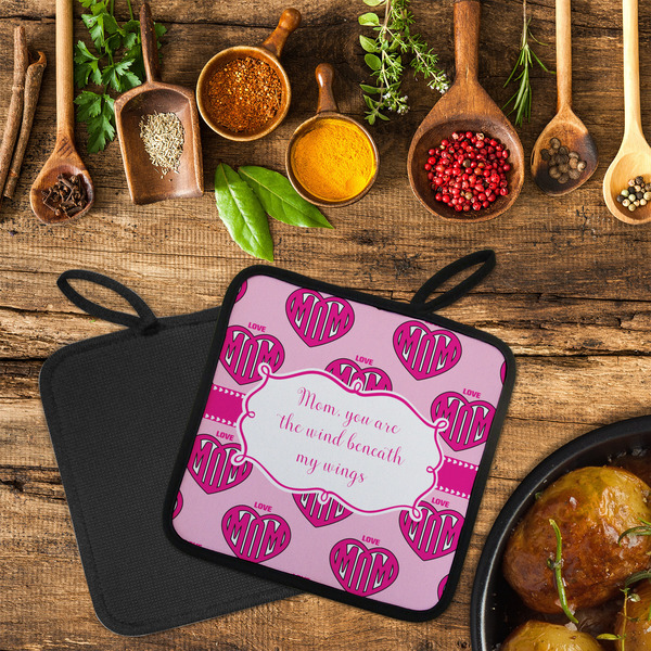 Love You Mom Neoprene Pot Holder - Set of 2  LIFESTYLE (Flatlay)