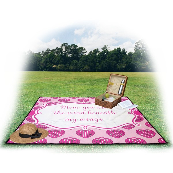 Love You Mom Picnic Blanket - with Basket Hat and Book - in Use