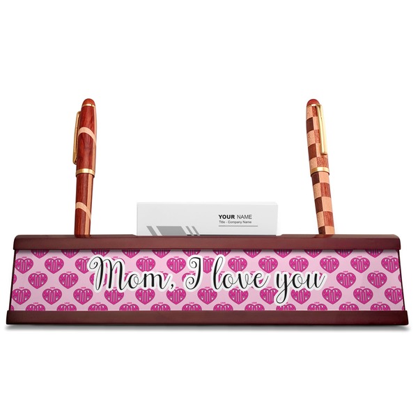 Love You Mom Red Mahogany Nameplates with Business Card Holder - Straight