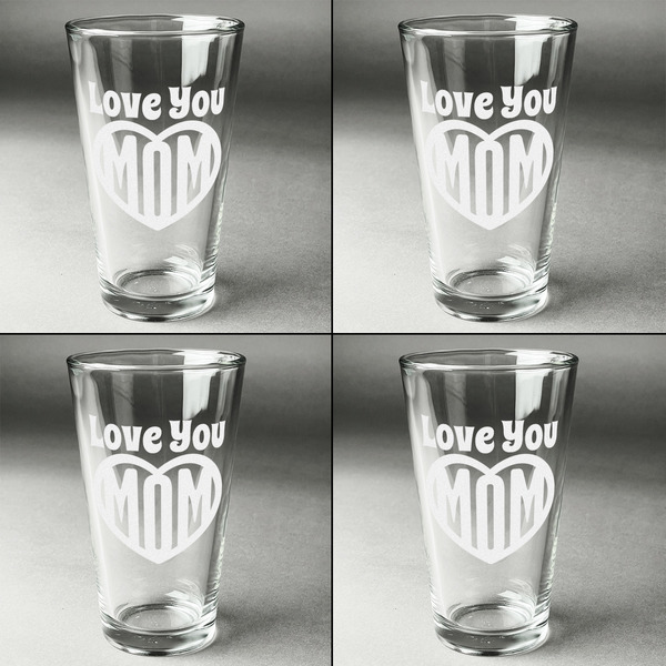 Love You Mom Set of Four Engraved Beer Glasses - Individual View
