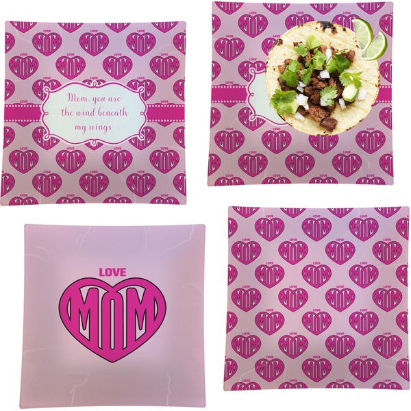Custom Love You Mom Set of 4 Glass Square Lunch / Dinner Plate 9.5"