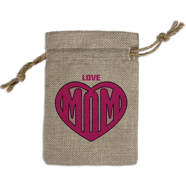 Custom Love You Mom Small Burlap Gift Bag - Front