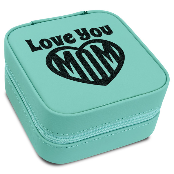 Custom Love You Mom Travel Jewelry Box - Teal Leather