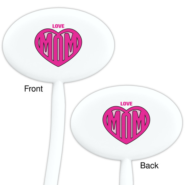 Love You Mom White Plastic 7" Stir Stick - Double Sided - Oval - Front & Back