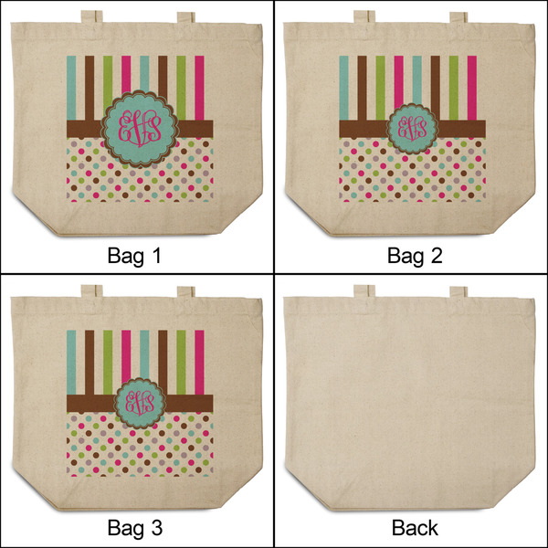 Stripes & Dots 3 Reusable Cotton Grocery Bags - Front & Back View