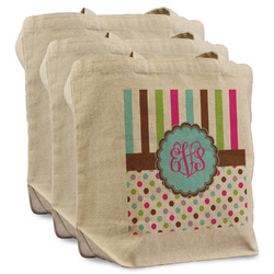 Stripes & Dots Reusable Cotton Grocery Bags - Set of 3 (Personalized)