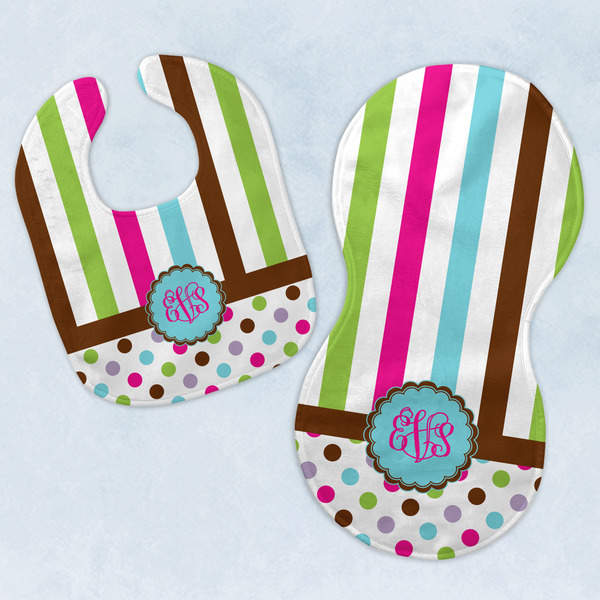 Custom Stripes & Dots Baby Bib & Burp Set w/ Monogram
