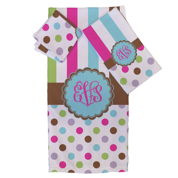 Custom Stripes & Dots Bath Towel Set - 3 Pcs (Personalized)