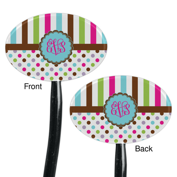 Stripes & Dots Black Plastic 7" Stir Stick - Double Sided - Oval - Front & Back