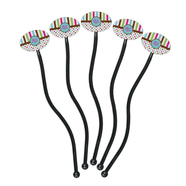 Stripes & Dots Black Plastic 7" Stir Stick - Oval - Fan