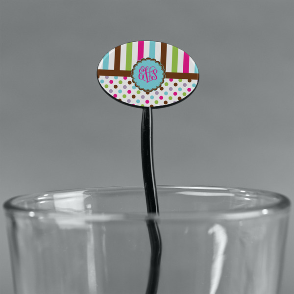 Stripes & Dots Black Plastic 7" Stir Stick - Oval - Main