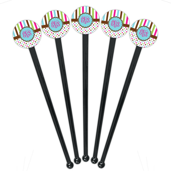 Stripes & Dots Black Plastic 7" Stir Stick - Round - Fan View