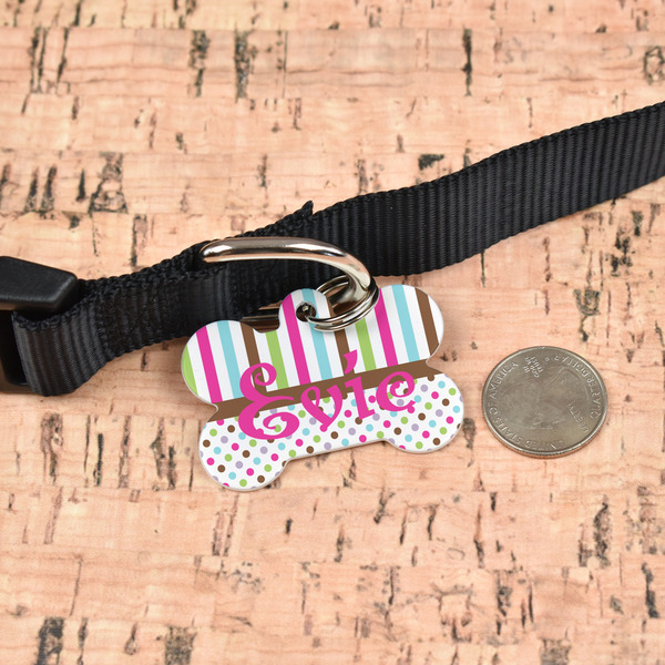 Stripes & Dots Bone Shaped Dog ID Tag - Large - In Context