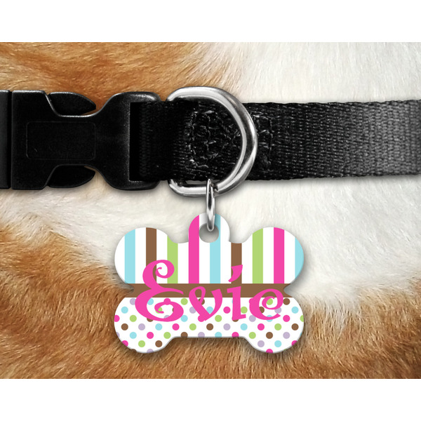 Stripes & Dots Bone Shaped Dog Tag on Collar & Dog