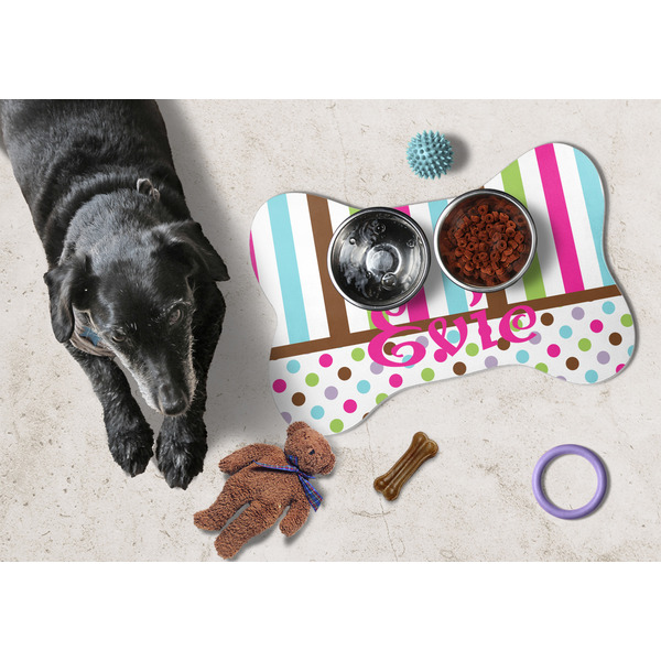 Stripes & Dots Bone Shaped Mat w/ Food & Water