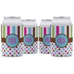 Stripes & Dots Can Cooler (12 oz) - Set of 4 w/ Monogram