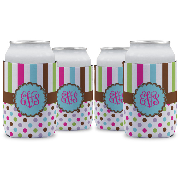 Custom Stripes & Dots Can Cooler (12 oz) - Set of 4 w/ Monogram