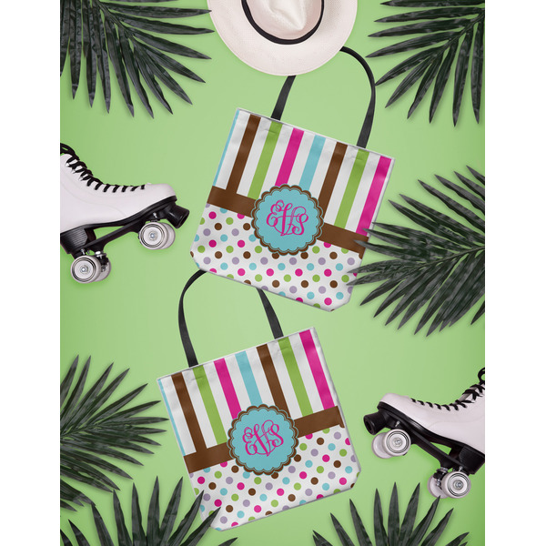Stripes & Dots Canvas Tote Lifestyle Front and Back- 13x13