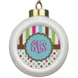 Stripes & Dots Ceramic Ball Ornament (Personalized)